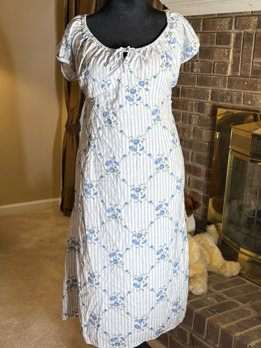 Old Navy XL Blue Floral Stripe Cottagecore Midi Dress Puff Sleeve Prairie